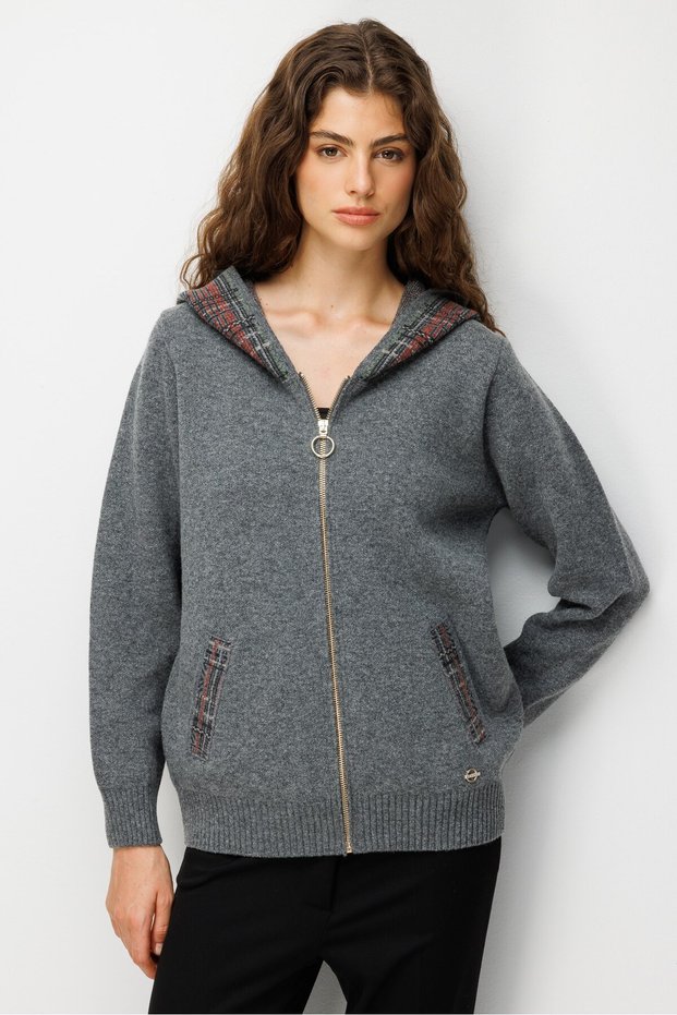 Women's Hooded Wool Cardigan with Patterned Pocket and Hood, Smoked