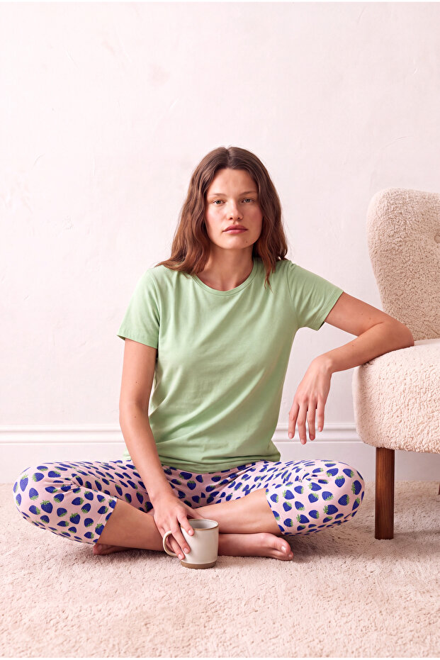 Women's Cotton Pink Patterned Short Sleeve Crew Neck 3/4 Bottom Pajama Set Pjlina