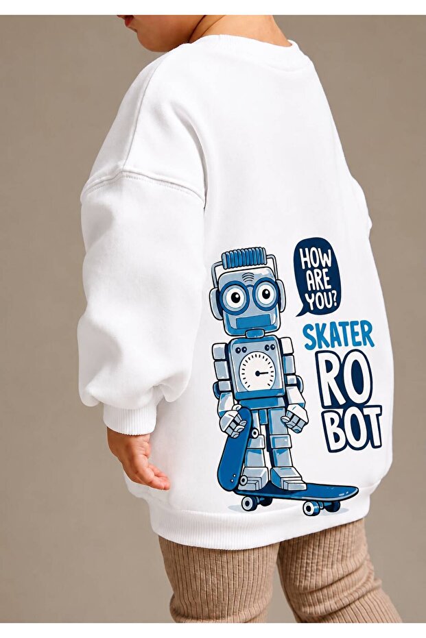 3 Yarn Combed Cotton Robot Printed Unisex Children's Crewneck Sweatshirt Qs7