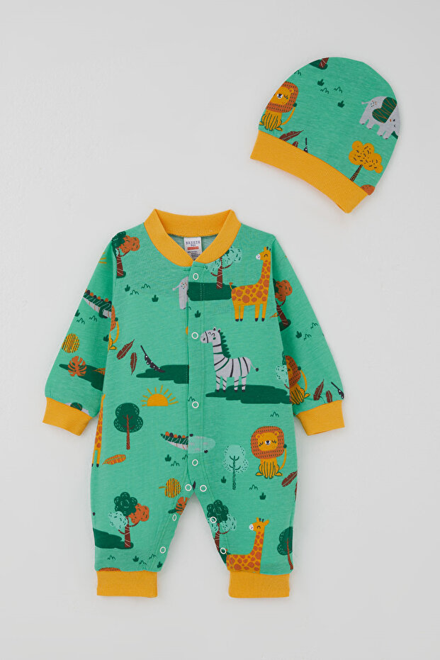 Baby Boy Jumpsuit Safari Themed Cute Animals Patterned 0-9 Months, Green