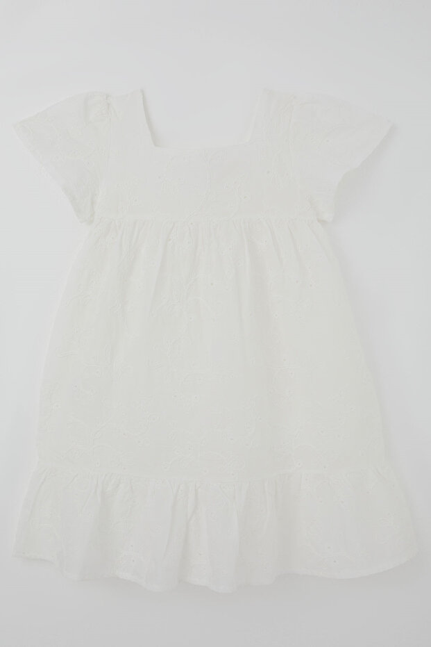 Girl's Short Sleeve Dress with Floral Embroidery Pattern and Zipper on the Back, Ages 7-12, Ecru