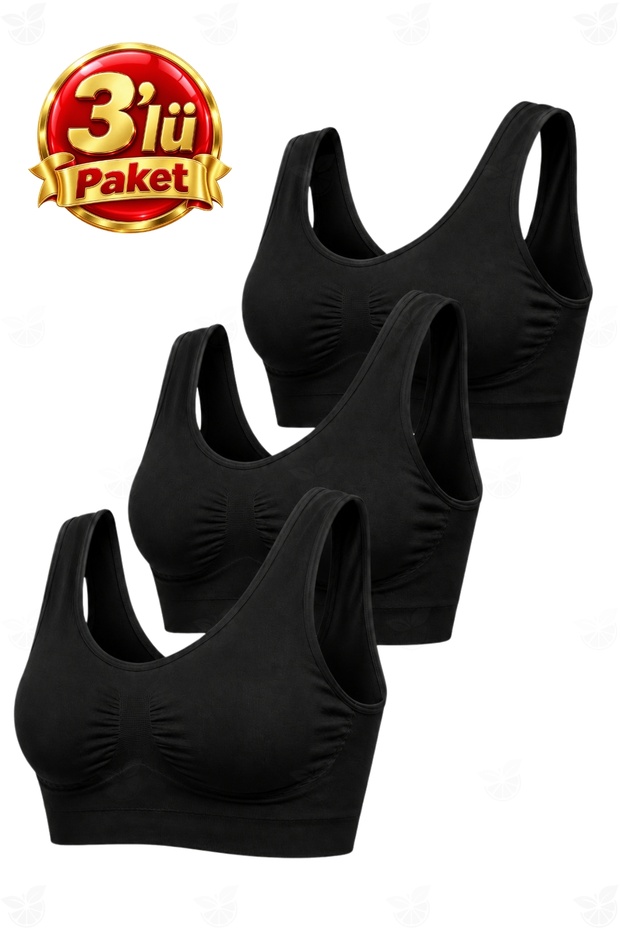 Supported Sports Bra with Push up Pads, Seamless Bustier, 3 Pieces, Black