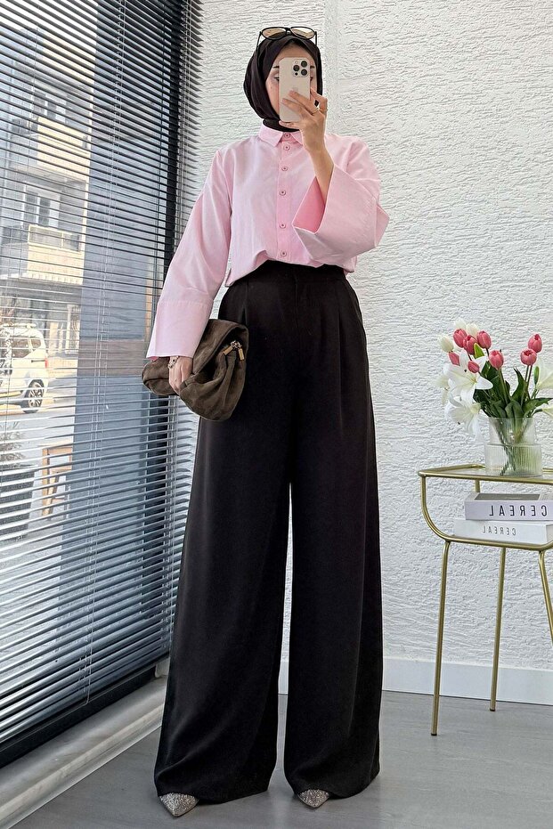 Premium Pleated Detailed Twill Palazzo Trousers - Brown