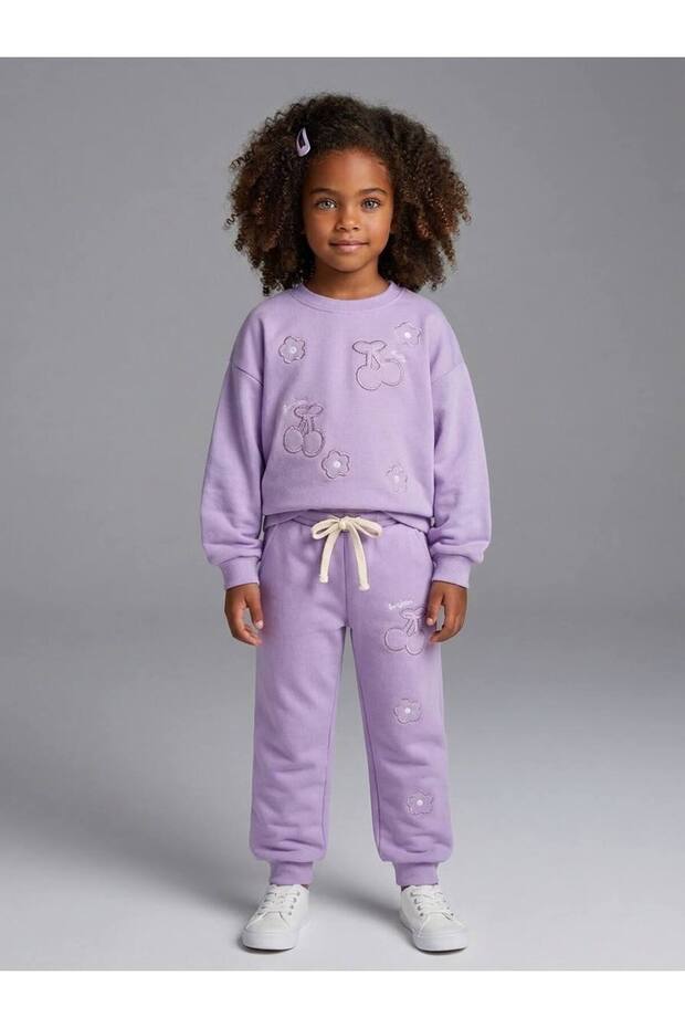Cherry Motif Girls' Striped Floral Patterned School Sweatshirt and Sweatpants Set
