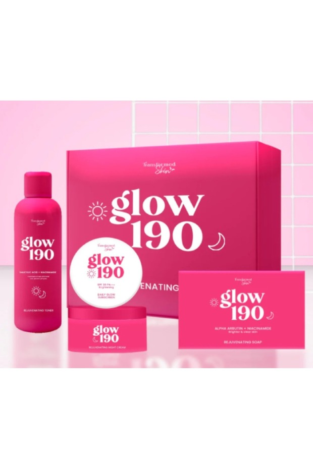 Glow 190 Rejuvenating Set with Glow 190 Rejuv Soap, Toner, Sunscreen SPF 30, and Night Cream | Alpha Arbutin, Niacinamide & SPF 30 Brightening Skincare Kit