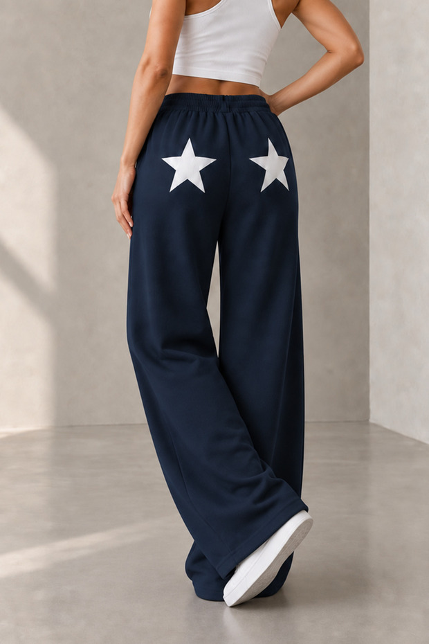 Women's Winter Fabric White Star Printed Wide Leg Three-Thread Combed Cotton Sweatpants