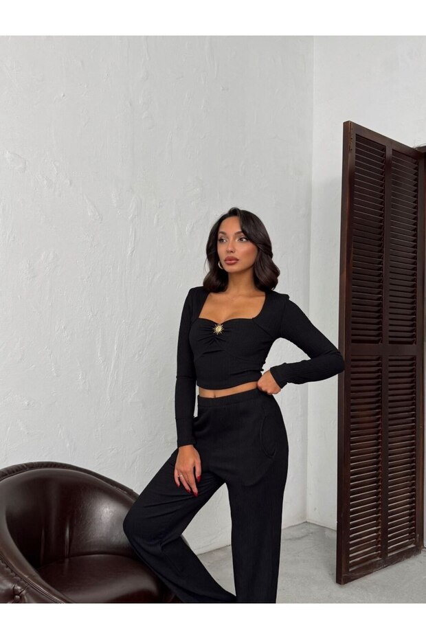 Women's Buckle Detailed Square Neck Blouse and Wide Leg Pants Set