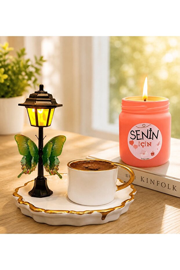 Premium Turkish Coffee Cup and Scented Candle Gift Set with Led Street Lamp