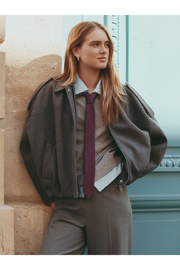 Vizyon New Season Anthracite Shirt Collar Oversize Women's Cashmere Jacket