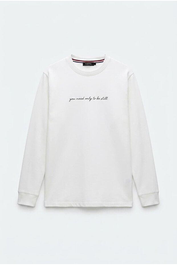 Modal Fabric Long Sleeve Lettered Ribbed Sleeve Detail T-Shirt Sun497