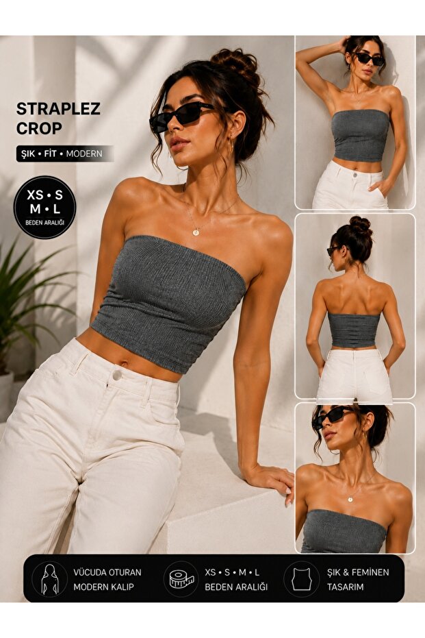 Premium - Women's Wrinkled Fabric Strapless Bustier Crop Top - Stretchy Bandeau / Stylish Basic Top