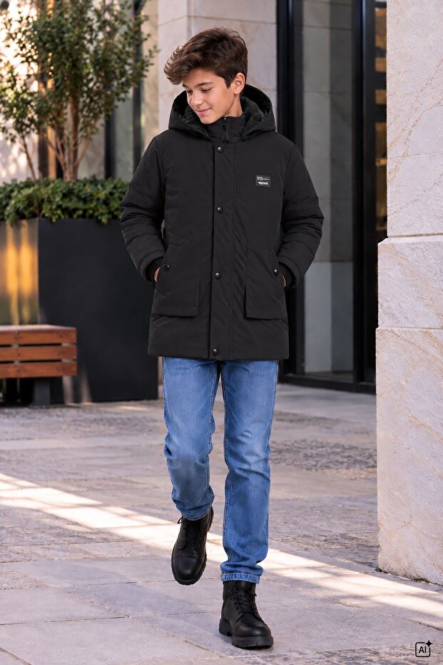 Black Boy's Fur Hooded Inflatable Coat with Fleece Inside 24912