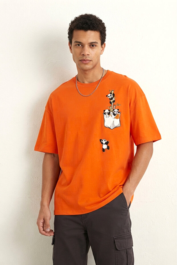 Panda Printed - Top Quality Cotton Fabric Oversize Simit Collar Short Sleeve T-Shirt Orange