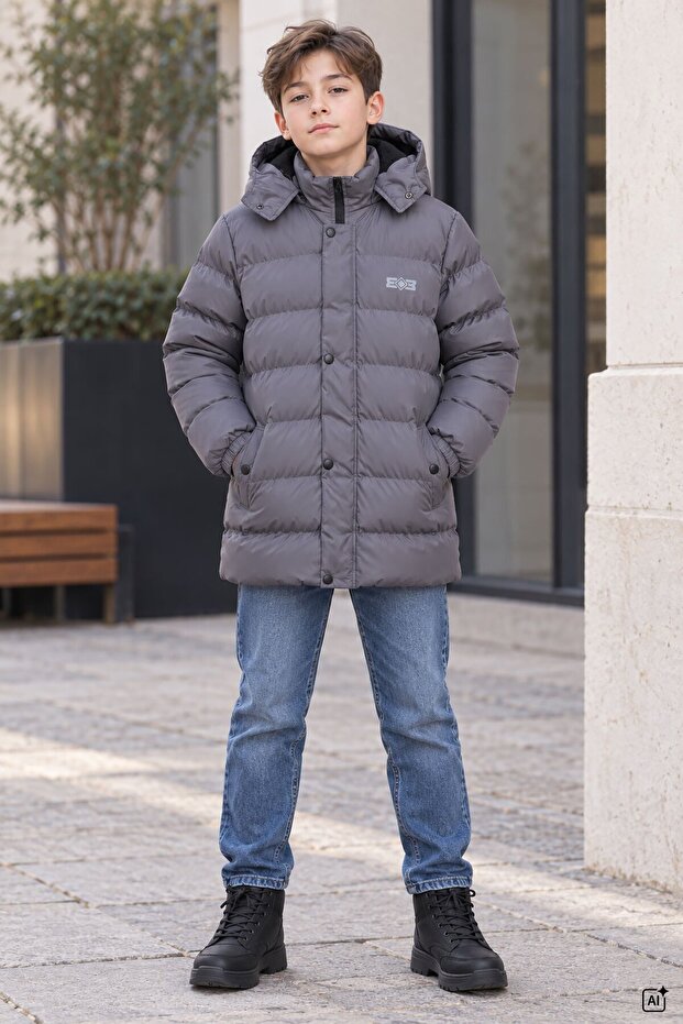 Anthracite Boy's Fur Lined Inflatable Coat with Removable Hood and Snap Closure 24900