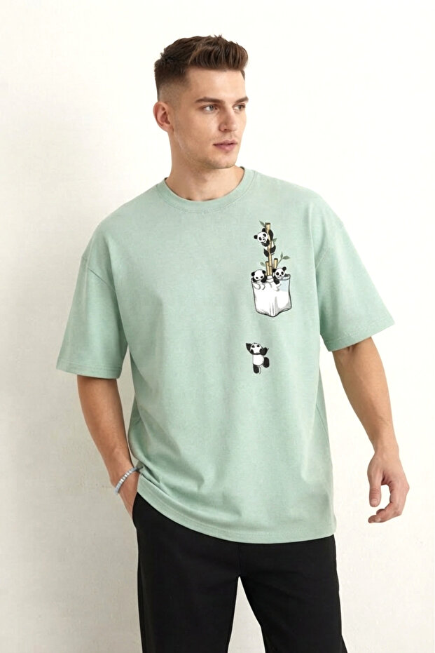 Panda Printed - Top Quality Cotton Fabric Oversize Simit Collar Short Sleeve T-Shirt Water Green