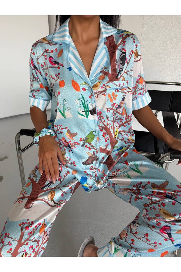 Premium Satin Fabric Buttoned Short Sleeve Long Pajama Set - with Bandage and Buckle Gift - Blue Birds