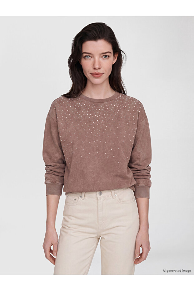 Özmarka New Season Brown Crew Neck Stone-Embellished Women's Sweatshirt