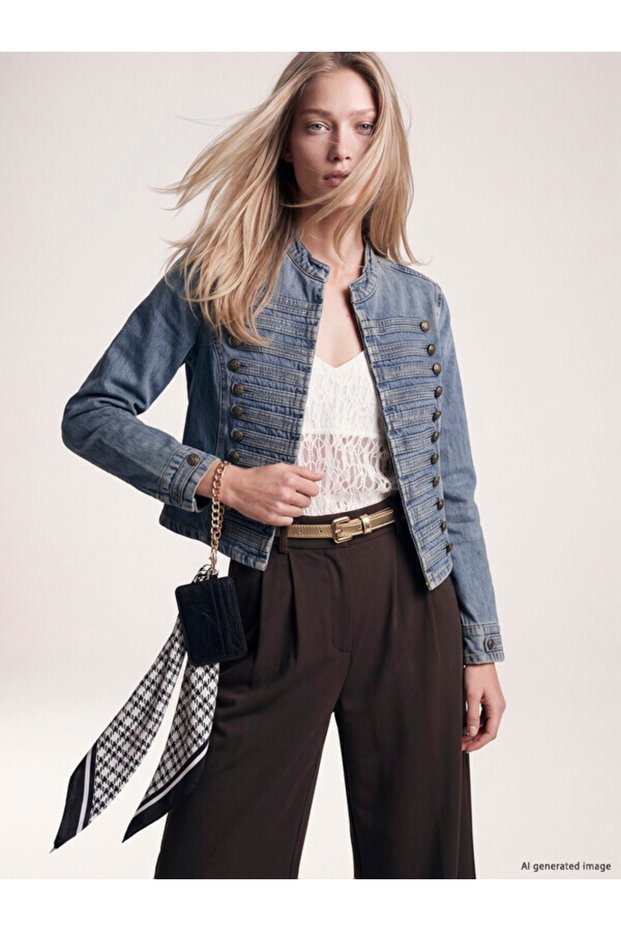 Quality Pieces from Çelebi Store Women's Jean Jacket with Stand Collar and Ornate Buttons