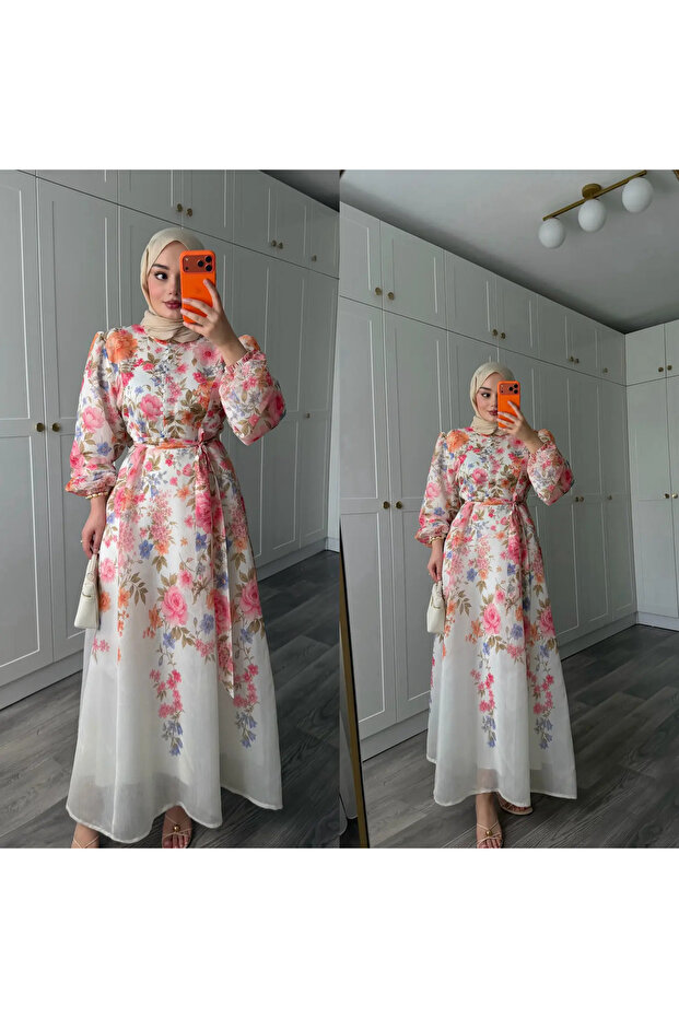 New Season Women's Lined Buttoned Design Dress Printed Tulle