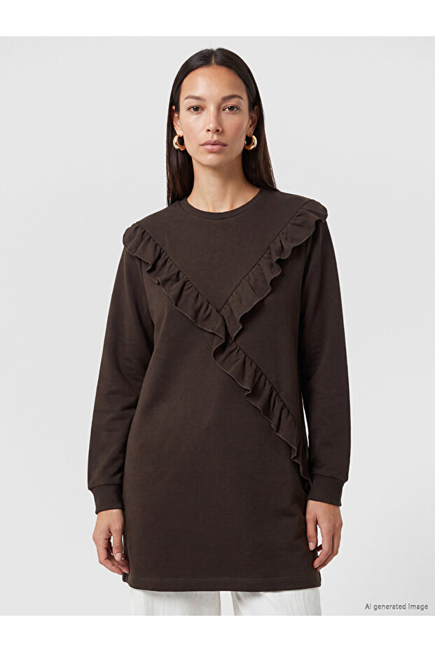Crew Neck Ruffled Women's Sweatshirt Tunic