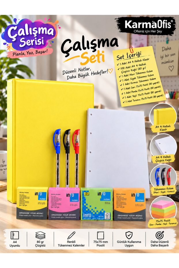 A4 4-Ring Folder Work Set with 8 Color Options Yellow – 100 Sheets of A4 Unlined Paper, 3 Ballpoint Pens and 4 Color Post-Its