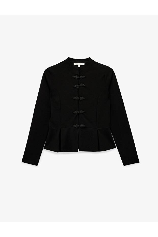 Mandarin Collar Ornate Button Detailed Slim Fit Long Sleeve Crepe T-Shirt