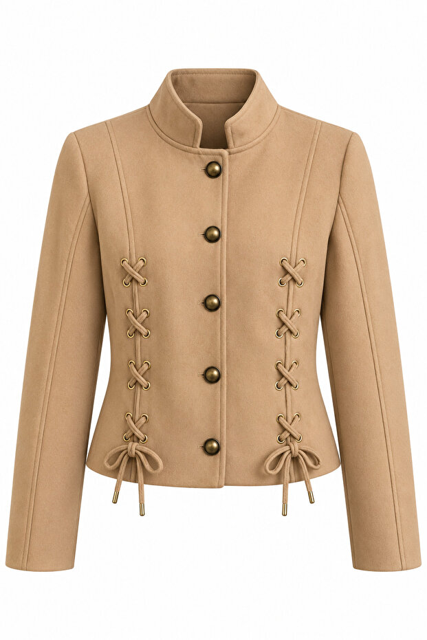 Eyelet Lace Detailed Stand Collar Suede Jacket