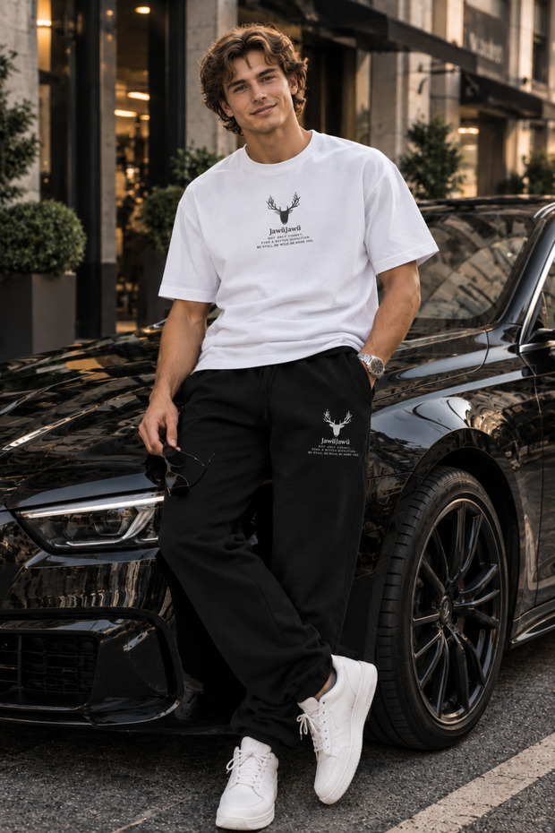Deer Printed Oversize Cotton Premium T-Shirt Tracksuit Combination Set