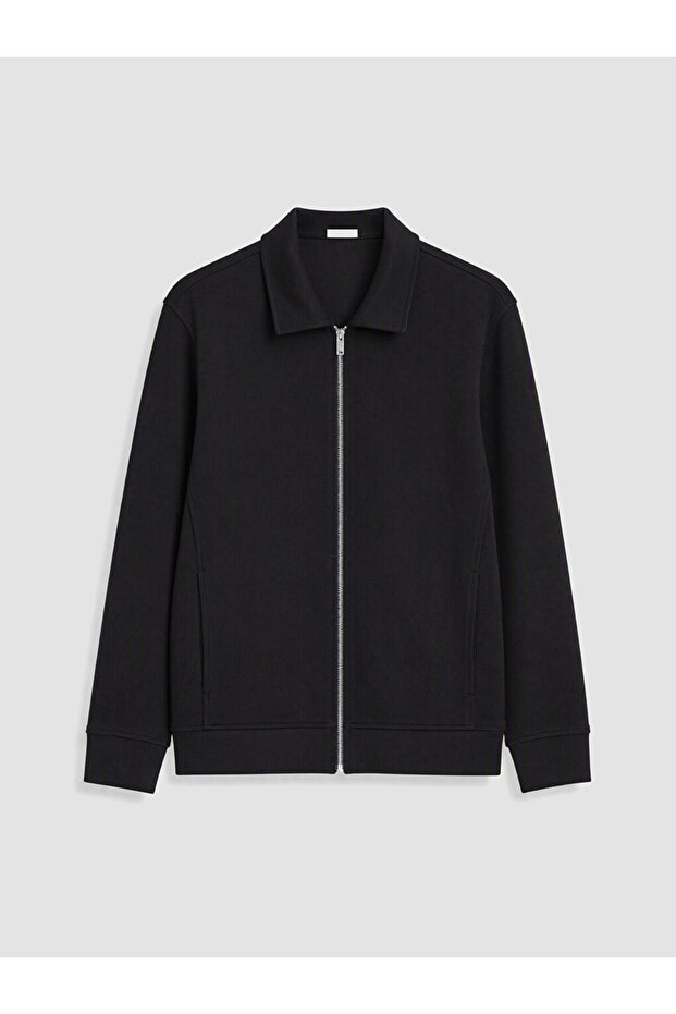 Ozmarka New Season Black Polo Collar Men's Zippered Sweatshirt