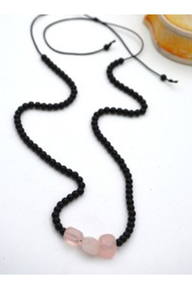 Pink Quartz and Onyx Stone Metal-Free Necklace - Black -