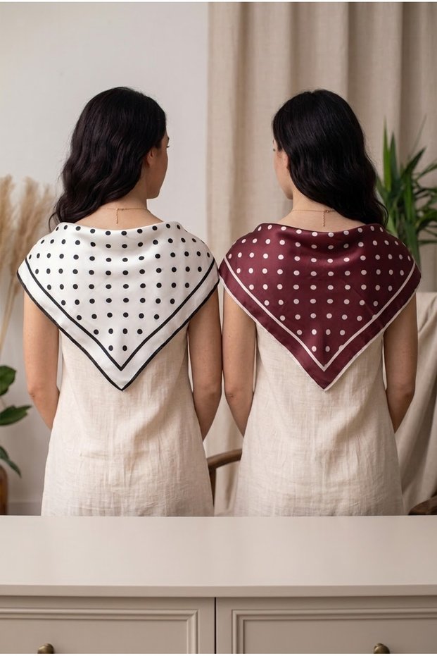Women's 2-Piece Polka Dot Triangle Scarf Set - Black-White and Fuchsia Luxury Satin Shawl / Neck Collar