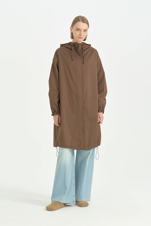 Fixed Hooded Oversized Raincoat - Brown