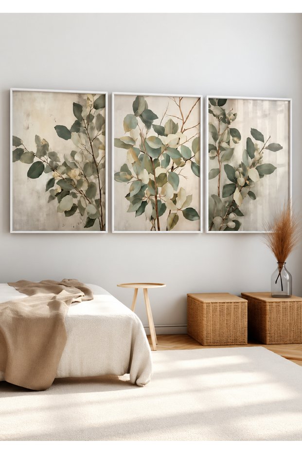 Natural Wood Framed 3-Piece Eucalyptus Leaves Wall Decor Decorative Painting Set for Living Room Living Bedroom Kitchen