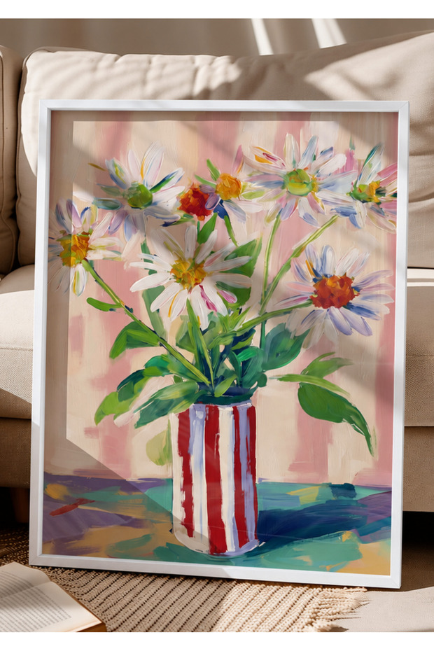 Natural Wood Framed Colorful Daisies and Stripes Vase Wall Decor Decorative Painting Set for Living Room Bedroom Kitchen Entrance