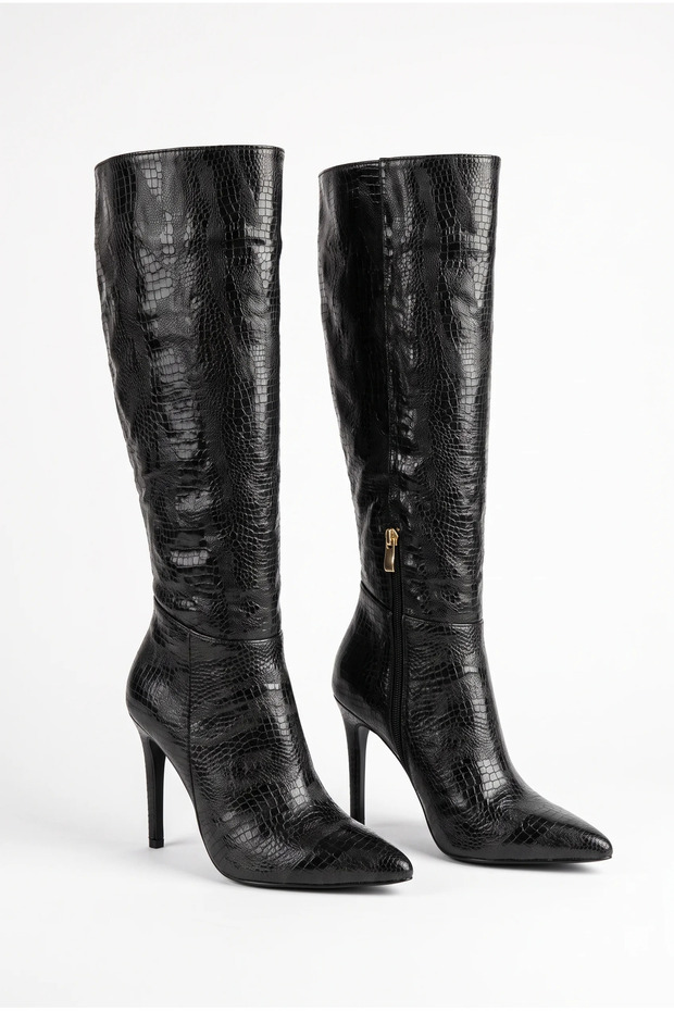 Women's Knee-Length Thin Heeled Pointed Toe Zippered Long Boots - Umay - Black Snake