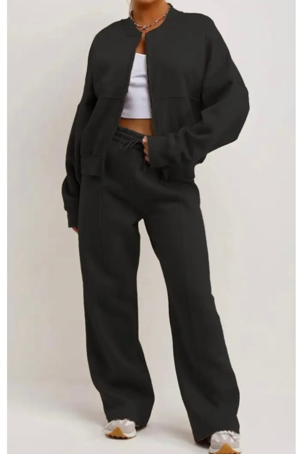 Plus Size College Collar Zippered 2 Yarn Threading Spanish Pleat Winter Loose Women's Track Suit Set
