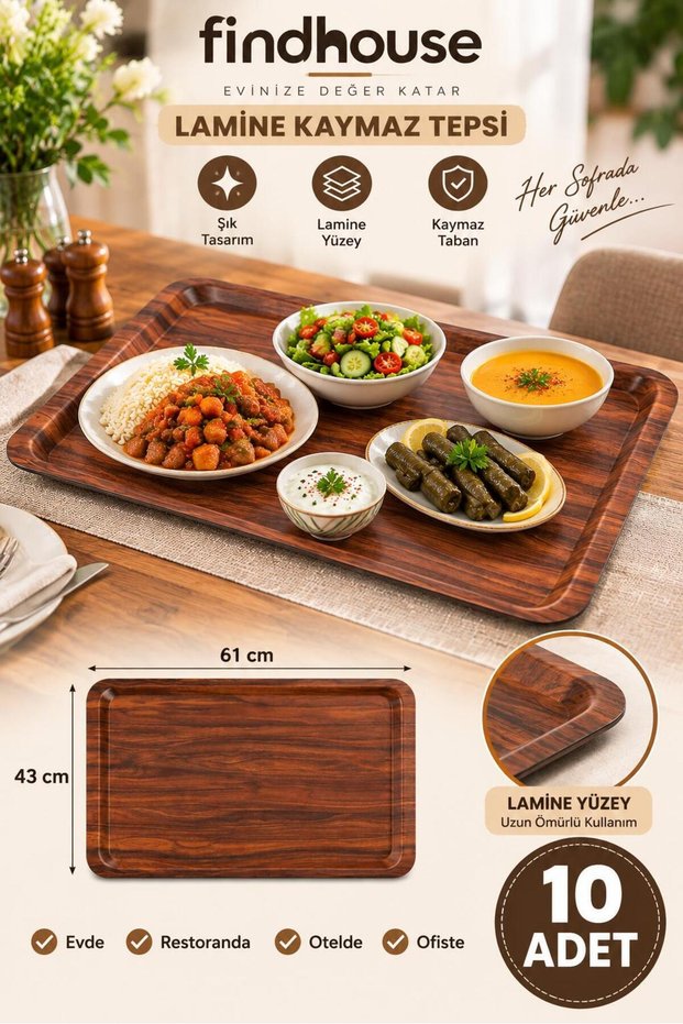 Laminated Non-Slip Base Self-Service Tray 10 Pcs 43X61 Home, Workplace, Cafe, Restaurant, Hotel, Diner, Dining Hall