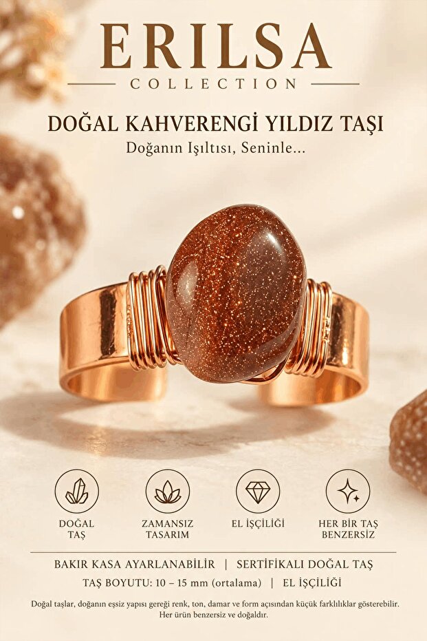 Certified Brown Star Stone Ring Copper Case Adjustable Handcrafted