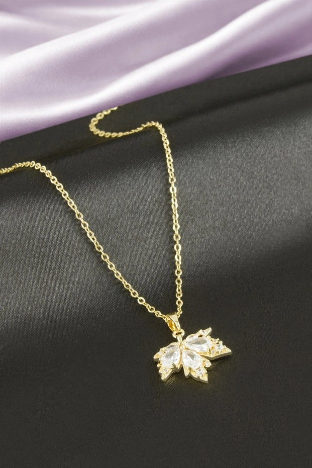 Leaf Zircon Stone Steel Necklace