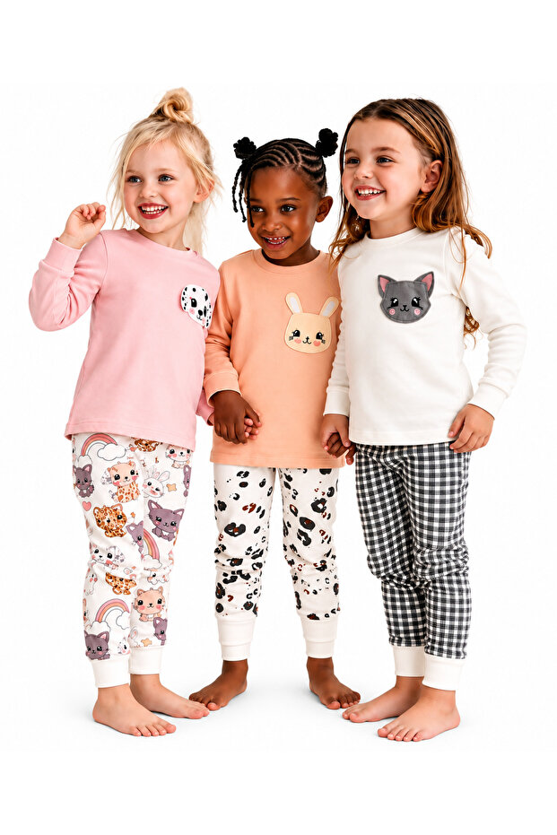 Girls' 3-Piece Pajama Set – Cotton, Patterned, Comfortable and Soft Children's Pajamas