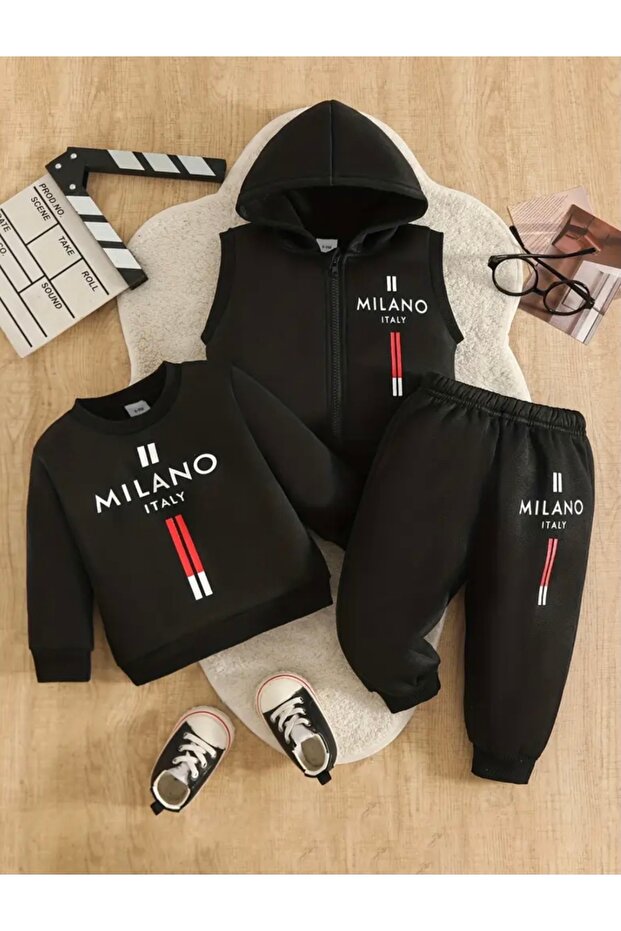 Milano Printed 100% Cotton 2-Strand Shardoon Special Series Boys' 3-Piece Winter Tracksuit with Vest