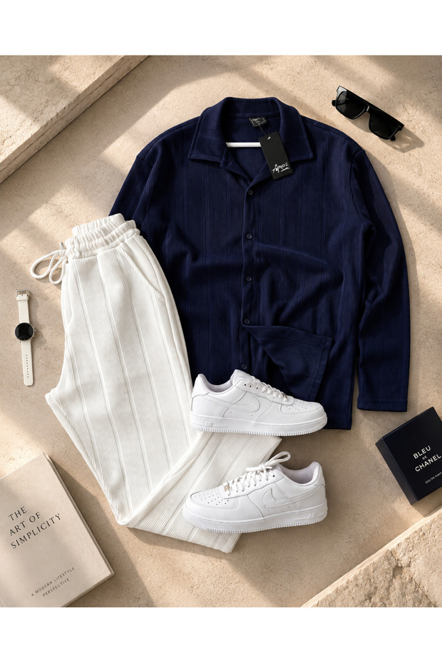 Men's Navy Blue and White Corduroy 2-Piece Set – Shirt and Lace-Up Trousers