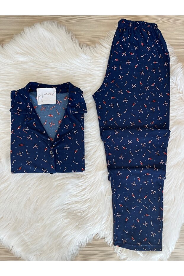 Navy Blue Candy Cane Patterned Suede Shirt Collar Long Sleeve Pajama Set