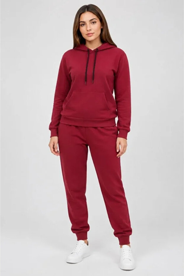 Two-Thread Hooded Jogger Tracksuit Set with Kangaroo Pockets - Burgundy