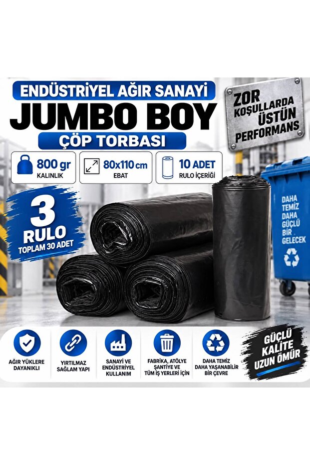 Jumbo Size Heavy Industry Garbage Bag 80X110 cm 800 Gr 3 Rolls 30 Pieces Industrial Thick Black Garbage Bag