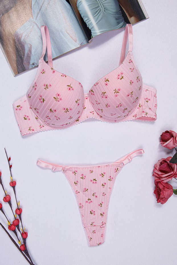 Pink Floral Patterned Supportive Underwire Bra Set Adjustable Strap Women's Lingerie Set