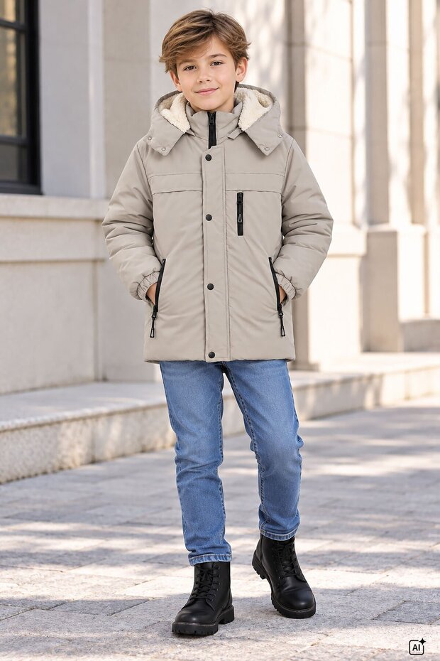 Beige Boy's Zipper Chest Pocket Fur Lined Hooded Inflatable Coat 24927
