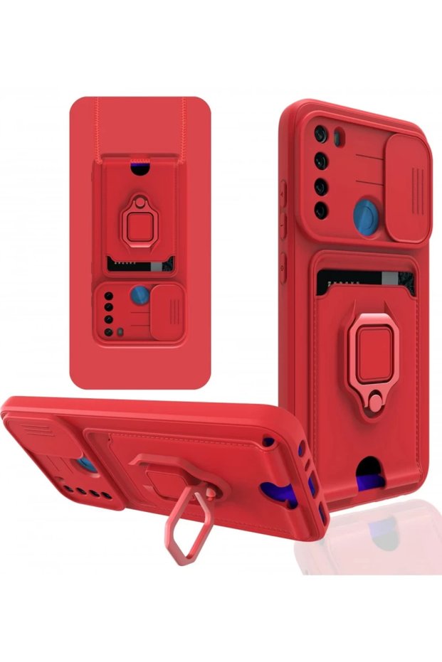حافظة متوافقة مع هاتف Xiaomi Redmi Note 8 مع حلقة زوما لبطاقة العمل من السيليكون - أحمر
