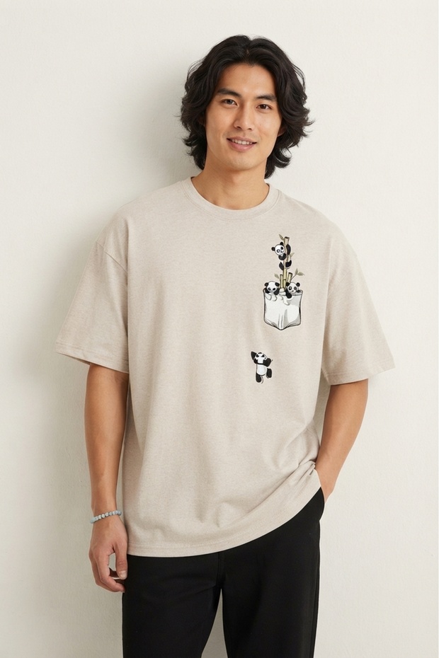 Panda Printed - Top Quality Cotton Fabric Oversize Simit Collar Short Sleeve T-Shirt Beige