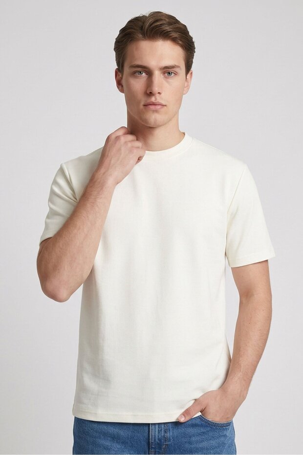 Men Crew Neck Short Sleeve Plain T-Shirt, Cream